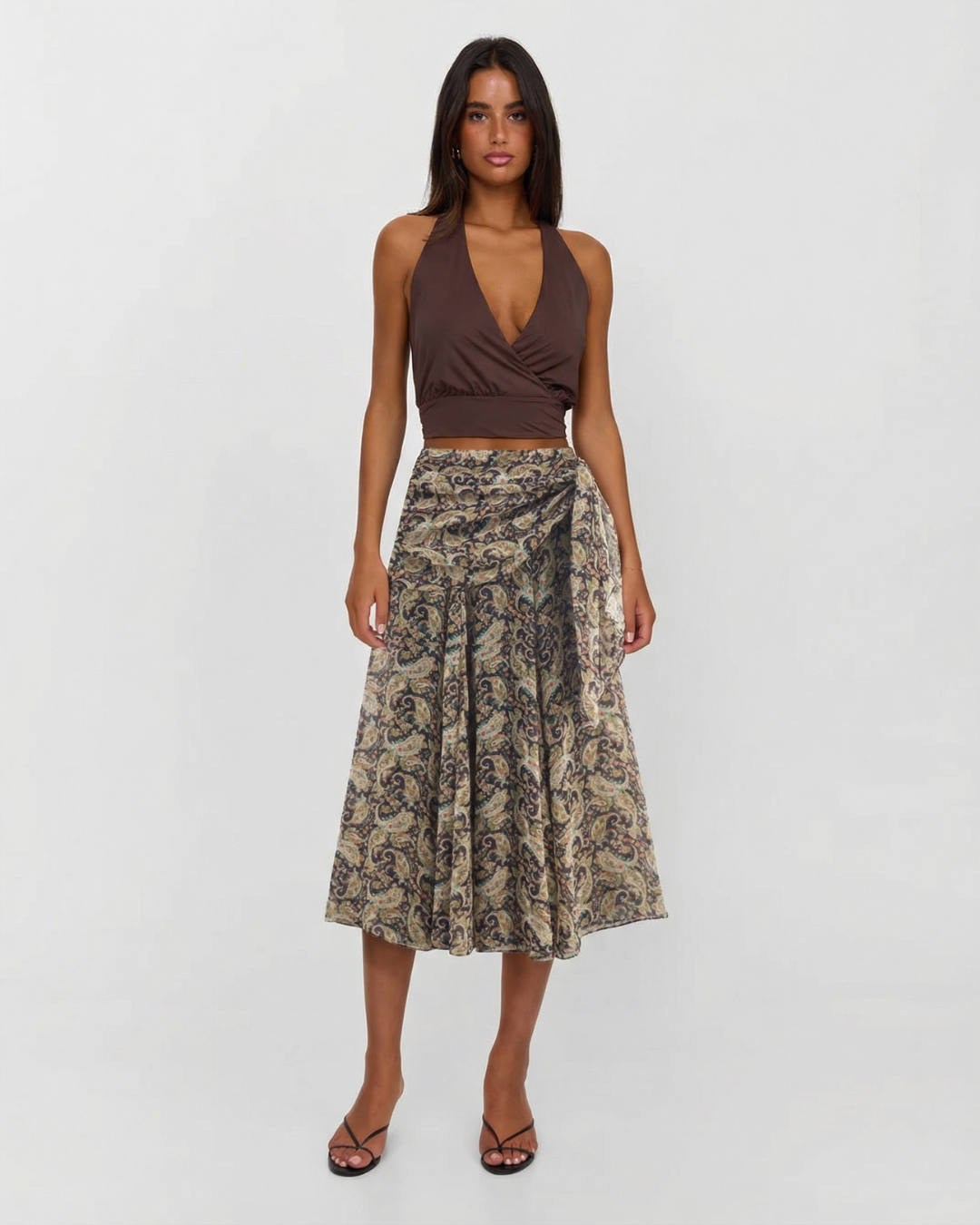 Wren | Wrap Midi Skirt Beige Paisley Print Chiffon