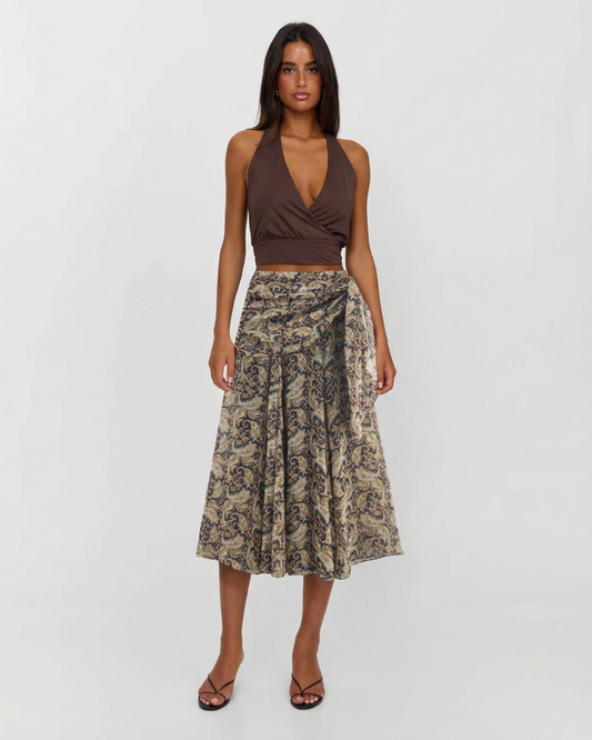 Celine | Wrap Midi Skirt Beige Paisley Print Pleated Chiffon