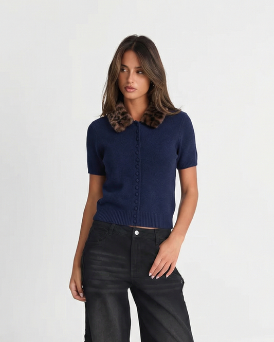 Vera | Cropped Button Up Sweater Navy Short Sleeve Faux Fur Collar