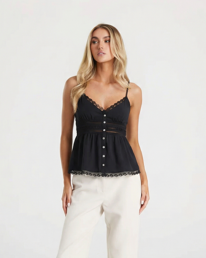 Ember | Elegant Lace Cami Top Black Button Front Peplum