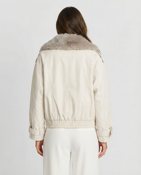 Neve | Double Breasted Trench Coat Cream Faux Fur Collar