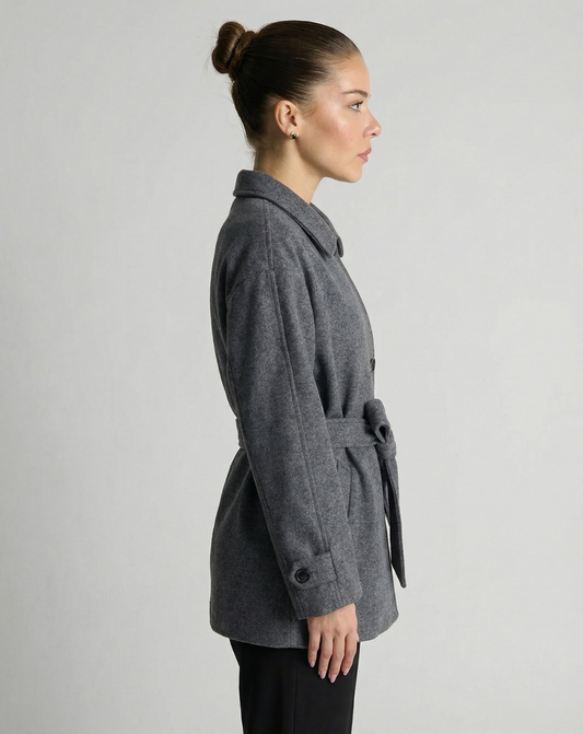 Elise | Winter Belted Jacket Grey Wool Blend Oversized Collar