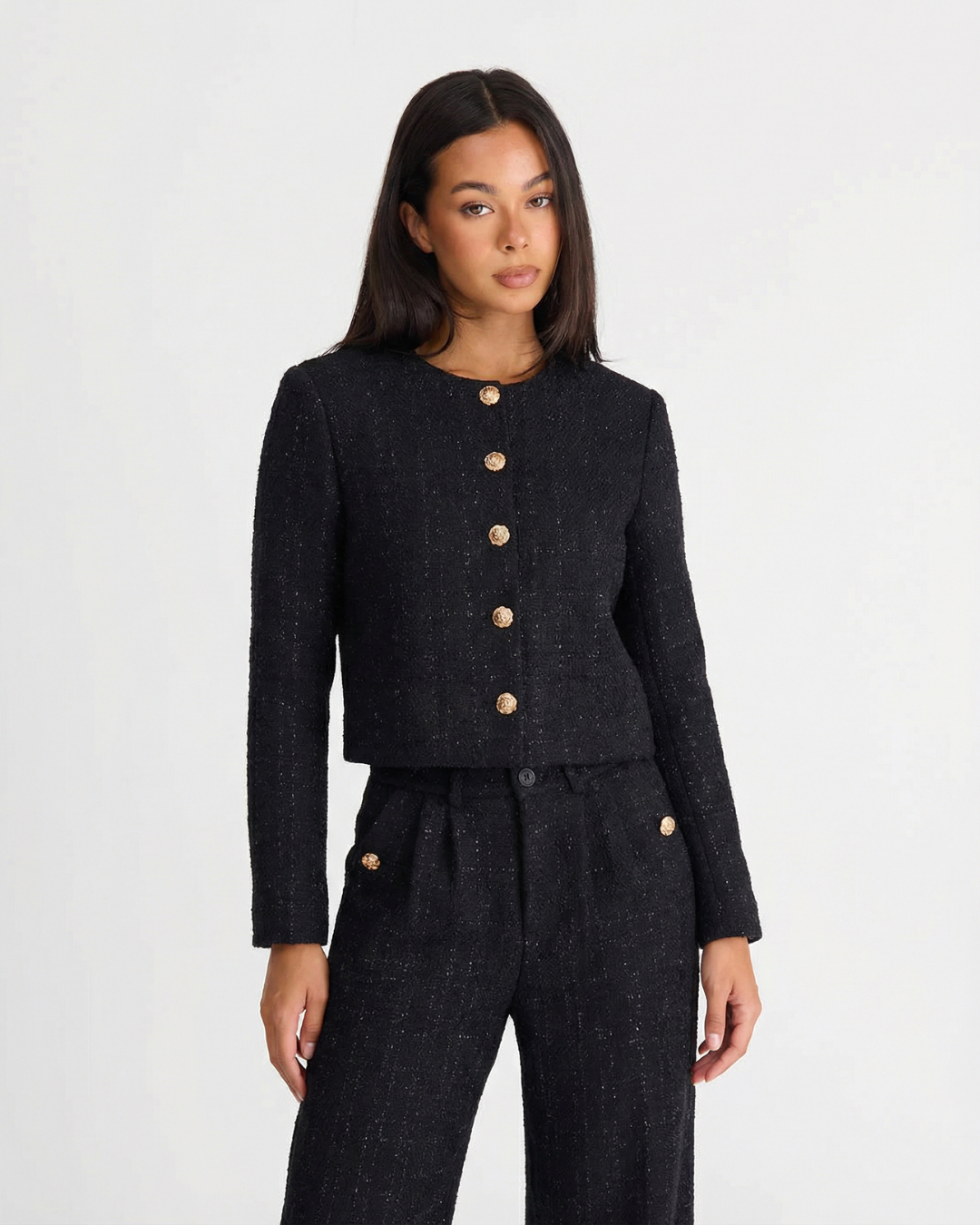 Audrey | Black Bouclé Gold Button Jacket Co-ord