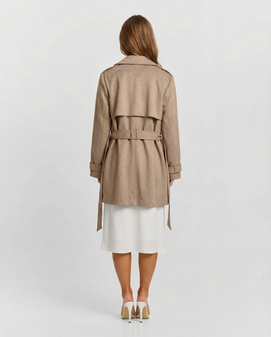 Lux | Elegant Belted Trench Coat Suede Beige Long