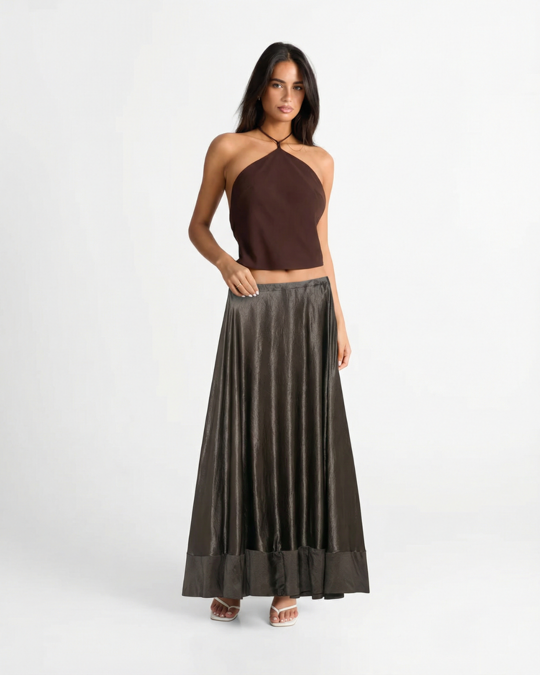 Uma | Elegant Satin Maxi Skirt Brown Pleated Tiered