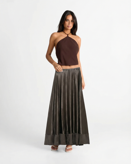 Margot | Satin Maxi Skirt Gray Pleated Tiered