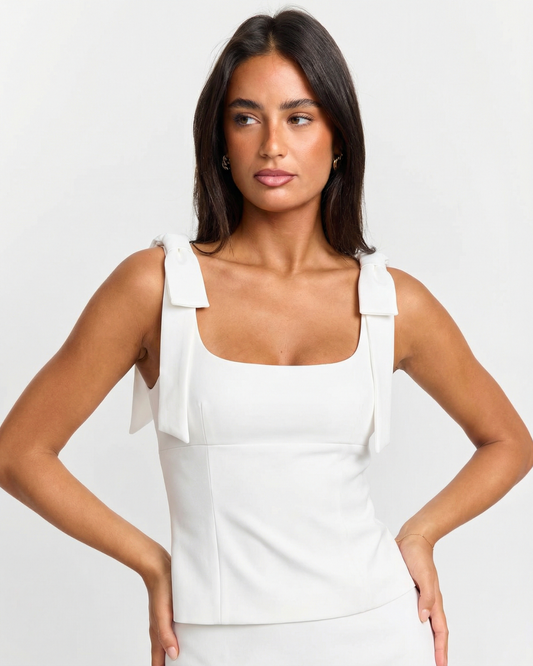 Cora | Summer Square Neck Top White Tie Strap Sleeveless