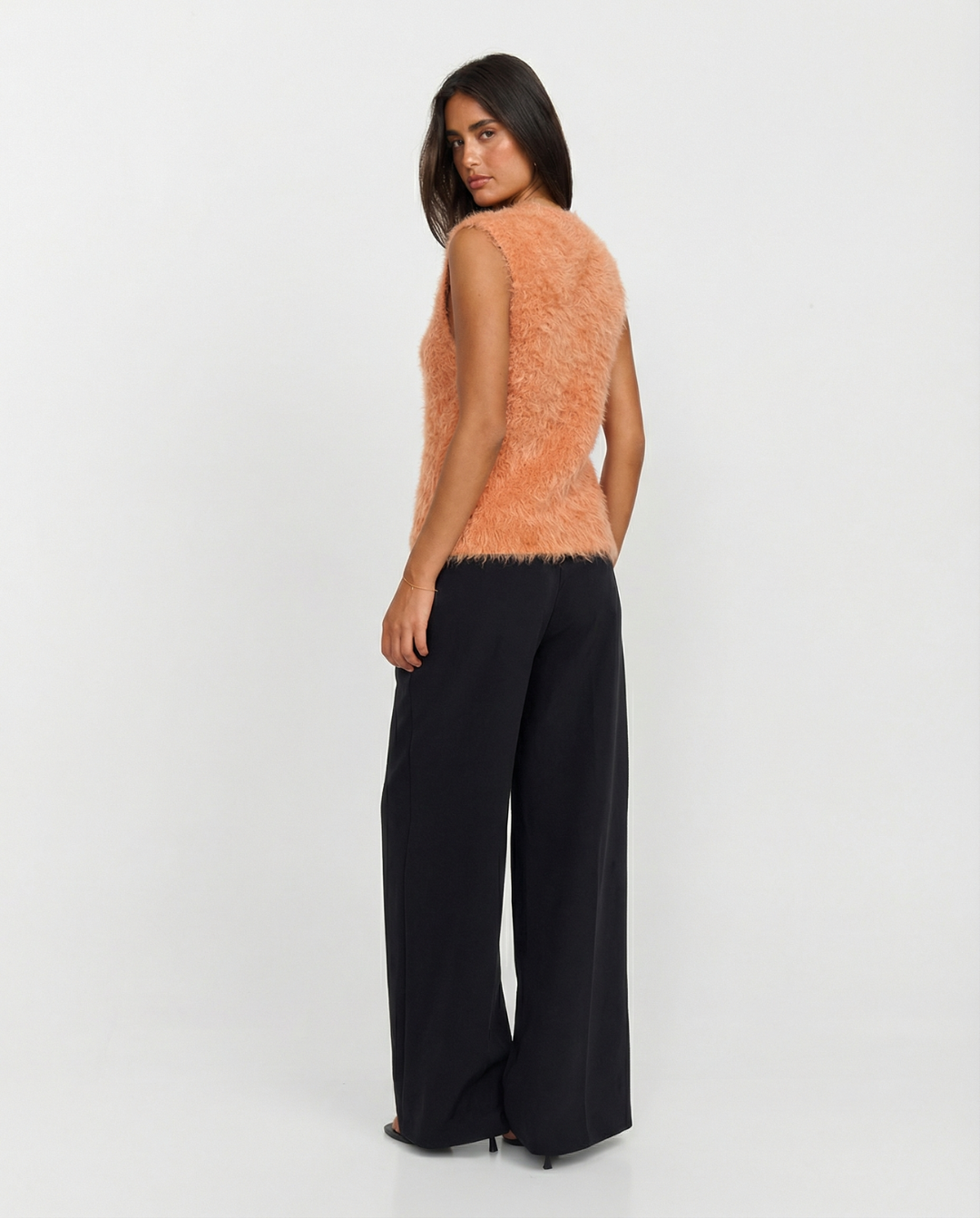 Romy | Fluffy Vest Top Orange Sleeveless Button Front