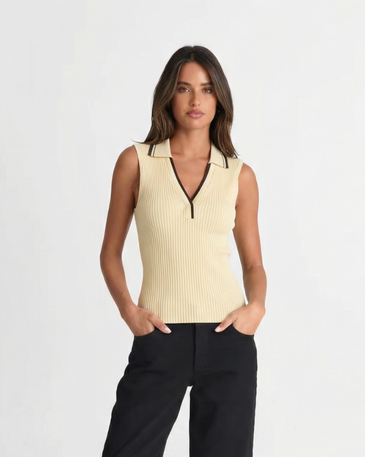 Rosa | Casual Knitted Top Cream Sleeveless Collared Ribbed Fitted