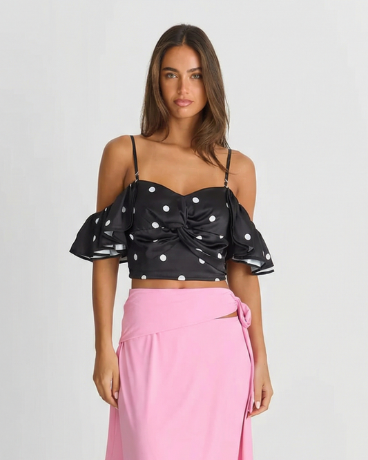 Celeste | Off Shoulder Top Black Satin Crop Polka Dot Ruched