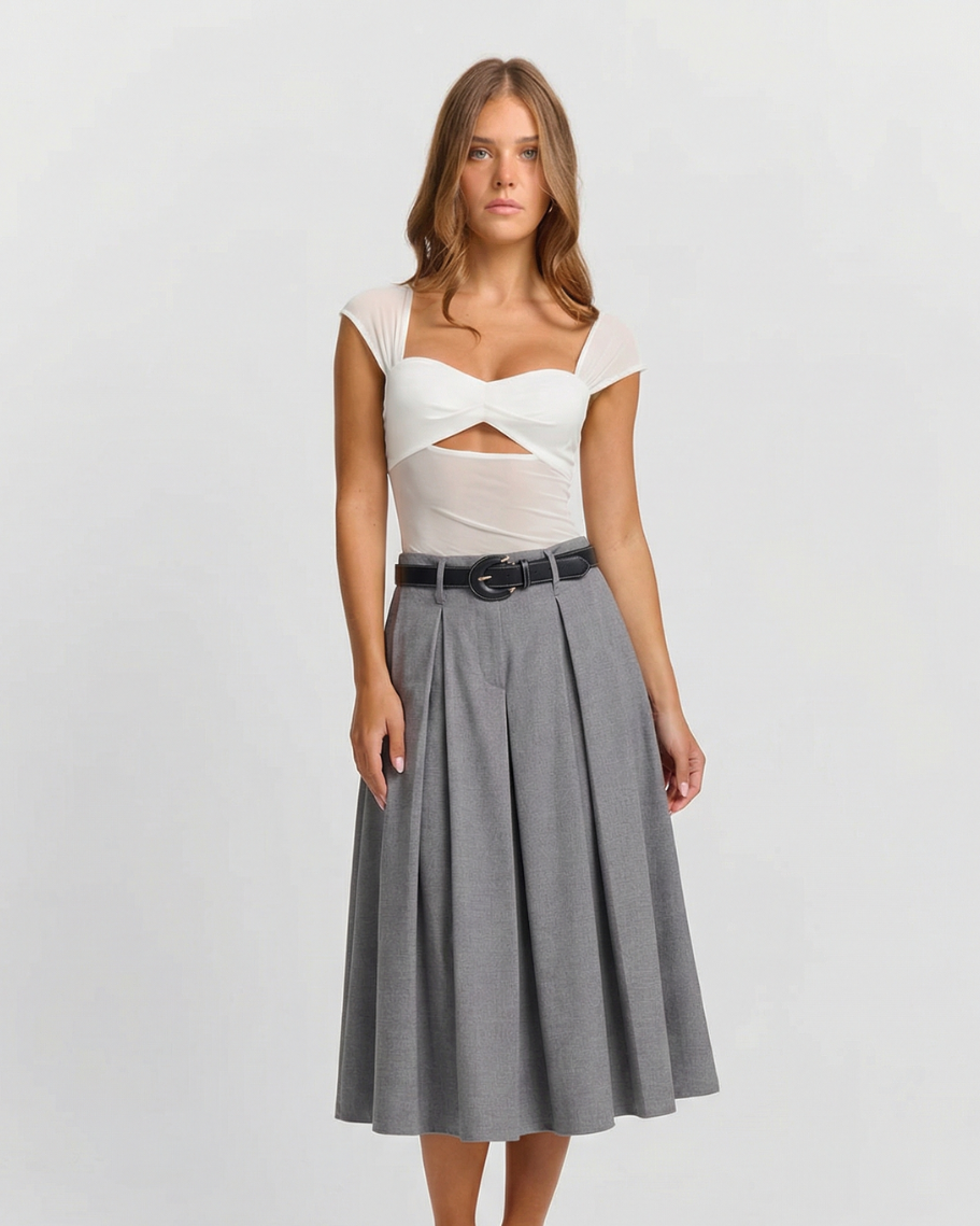Nola | Pleated Midi Skirt Gray High Waisted A Line