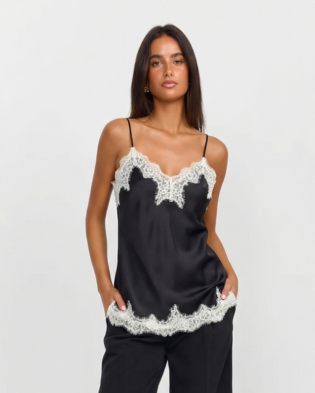 Sable | Elegant Lace Cami Top Satin Black Cream Trim