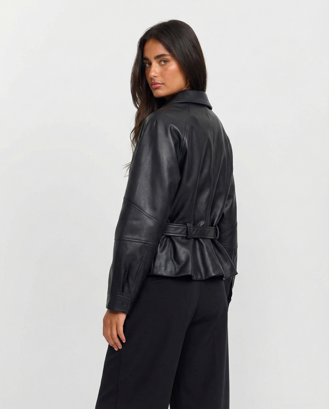 Vera | Belted Faux Leather Jacket Black Long Sleeve