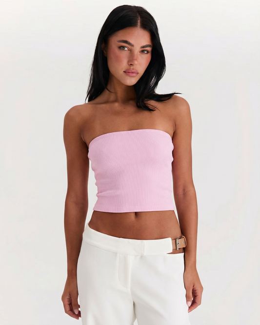 Maren | Summer Strapless Tube Top Pink Ribbed Knitted Bandeau