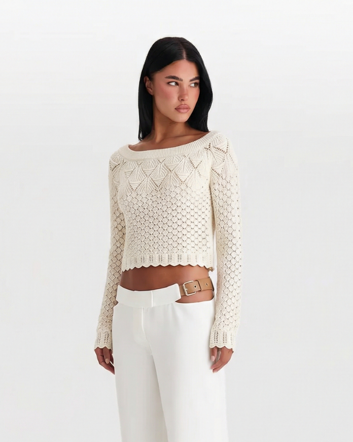 Quinn | Summer Crochet Top Cream Long Sleeve Crop