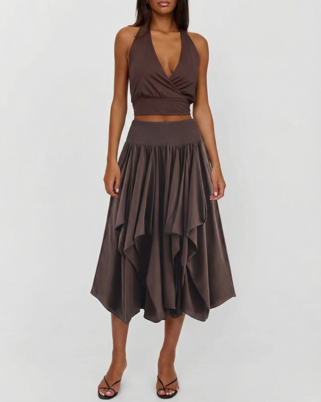 Edie | Elegant Satin Midi Skirt Brown Asymmetric Hem