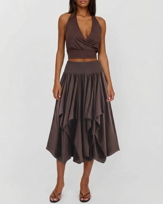 Edie | Elegant Satin Midi Skirt Brown Asymmetric Hem