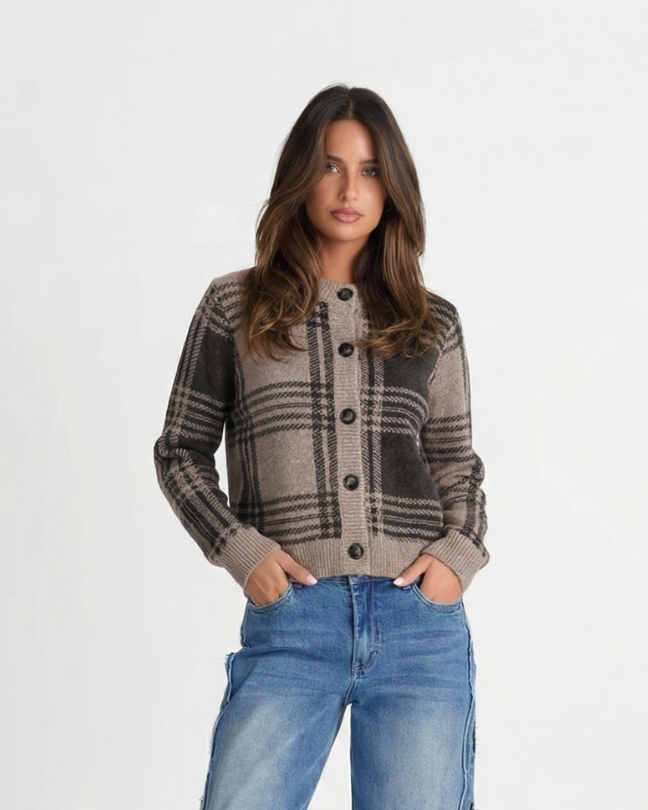 Remi | Check Cardigan Beige Grey Long Sleeve Button Front Knitted