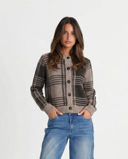 Remi | Check Cardigan Beige Grey Long Sleeve Button Front Knitted