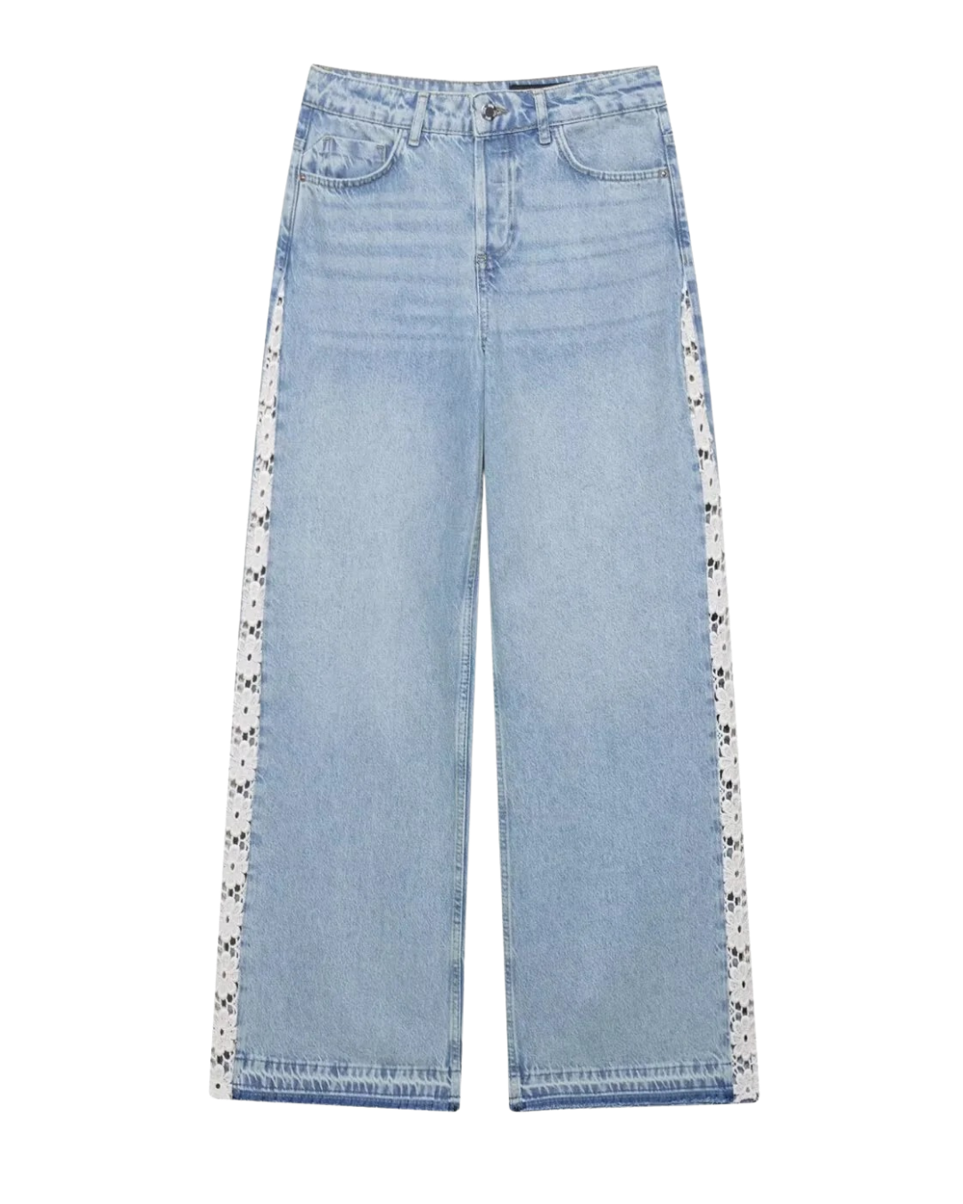 Esme | Wide Leg Jeans Light Blue High Waisted Crochet Panel Detail