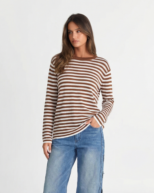 Lena | Long Sleeve Top Brown White Striped Cotton Crew Neck