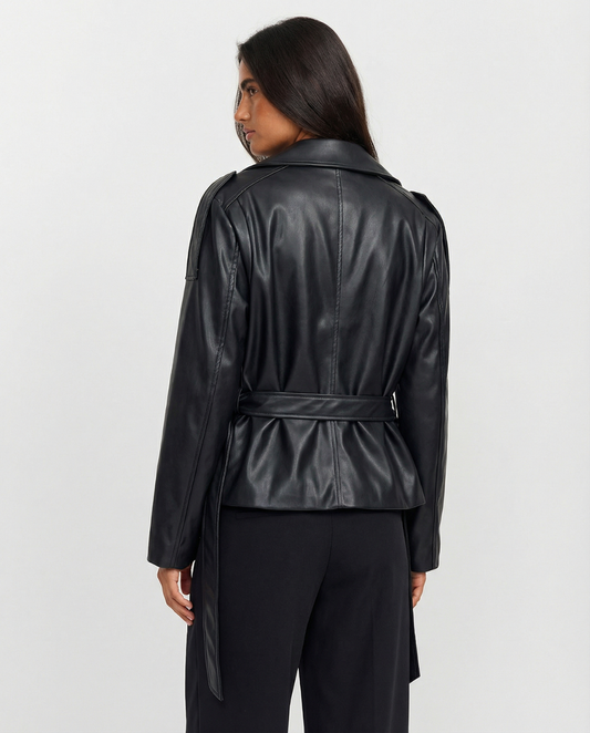 Vera | Belted Faux Leather Jacket Black Long Sleeve Fitted