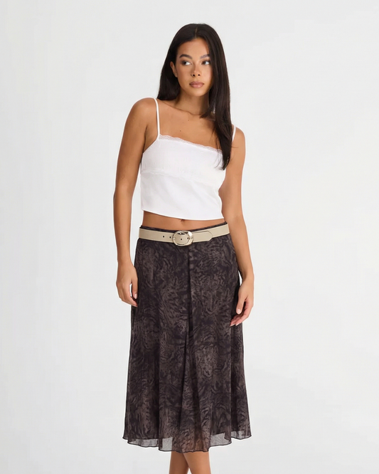 Ember | Pleated Midi Skirt Brown Printed Chiffon A Line