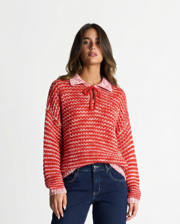 Lily | Red Relaxed Open Knit Striped Hooded Polo Jumper