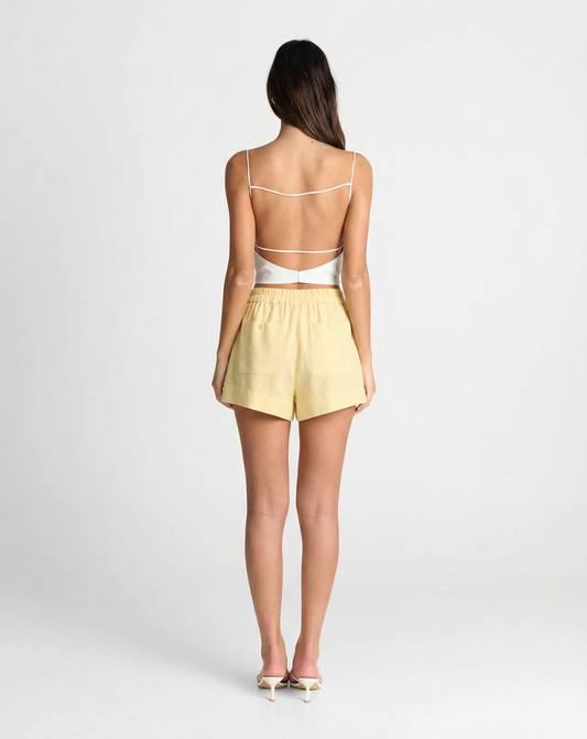Ayla | Summer Linen Shorts Yellow High Waisted Elasticated Button