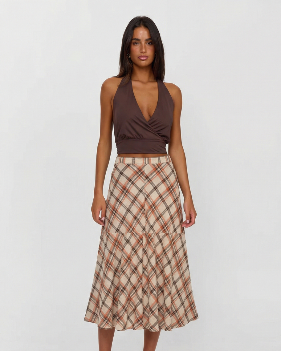 Faye | Plaid A Line Midi Skirt Beige Flared