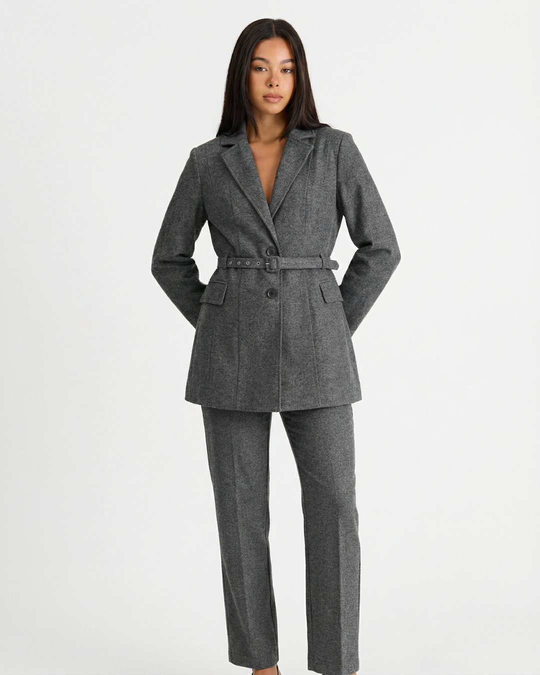 Imogen | Gray Belted Blazer Trouser Suit