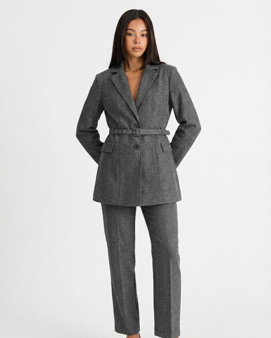 Imogen | Gray Belted Blazer Trouser Suit