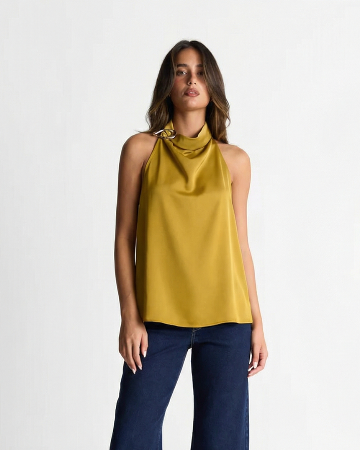 Orla | Elegant Cowl Neck Top Satin Yellow Sleeveless Halter