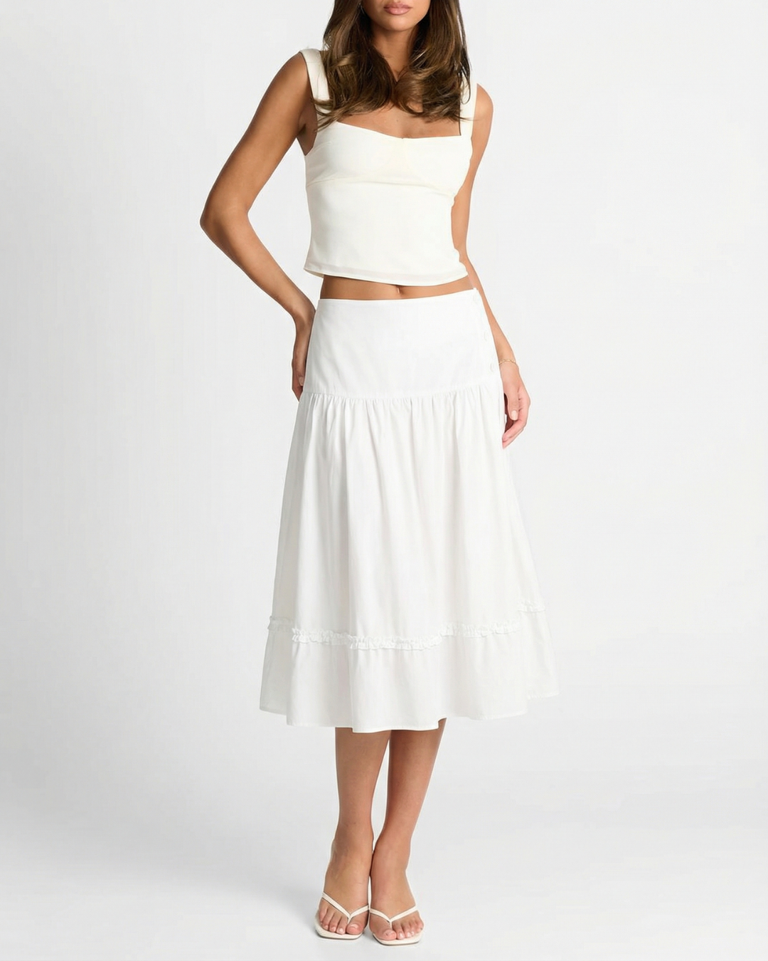Nell | Summer Tiered Midi Skirt White Cotton A Line