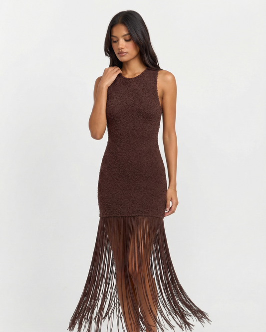 Romy | Casual Fringe Maxi Dress Brown