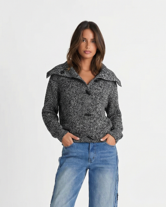 Thea | Chunky Knit Collared Shirt Gray Long Sleeve Button