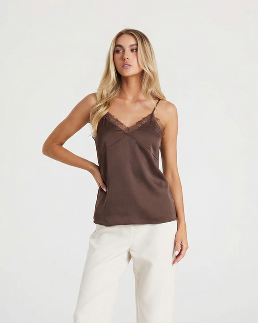 Mila | Elegant Cami Top Brown Satin Lace Trim V Neck