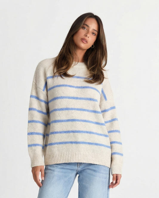 Elise | Striped Knitted Sweater Cream Blue Long Sleeve