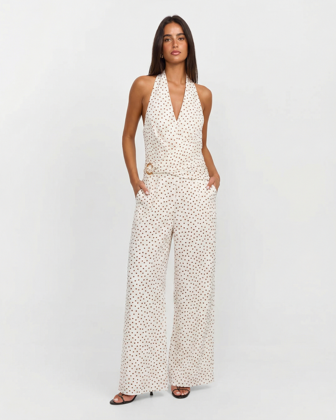 Thea | Halter Jumpsuit Cream Polka Dot Wide Leg