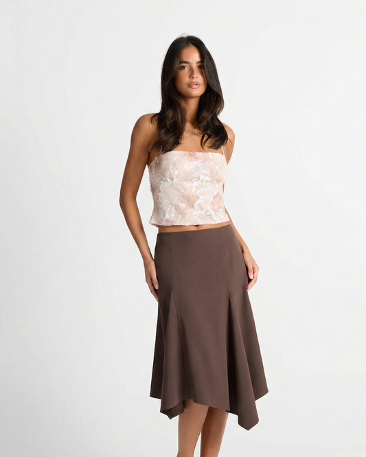 Lyra | Midi Skirt Brown A Line Asymmetric Hem Tailored