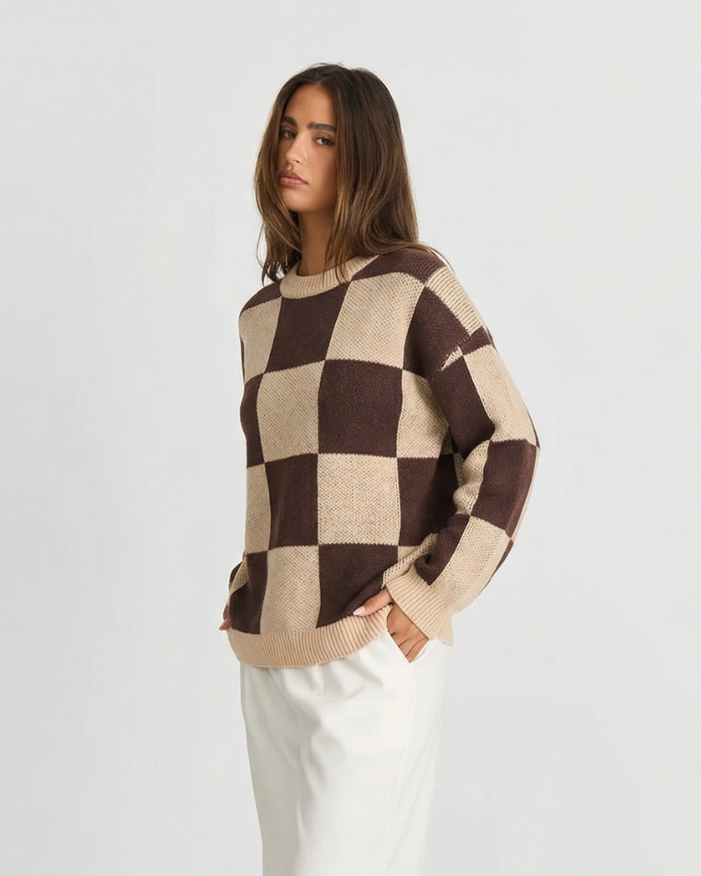Fleur | Knitted Sweater Check Brown Cream Crew Neck