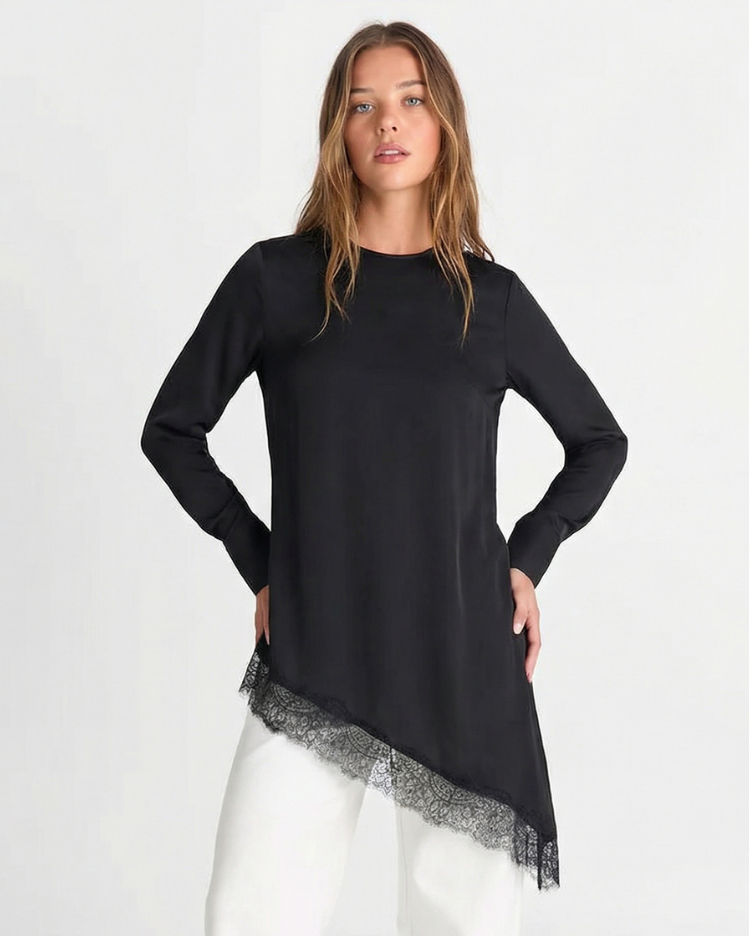 Mia | Elegant Asymmetric Blouse Black Long Sleeve Lace Trim