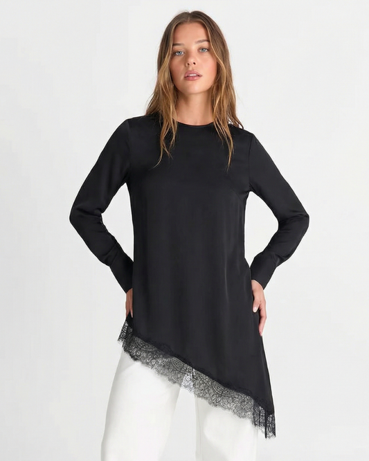 Mia | Elegant Asymmetric Blouse Black Long Sleeve Lace Trim
