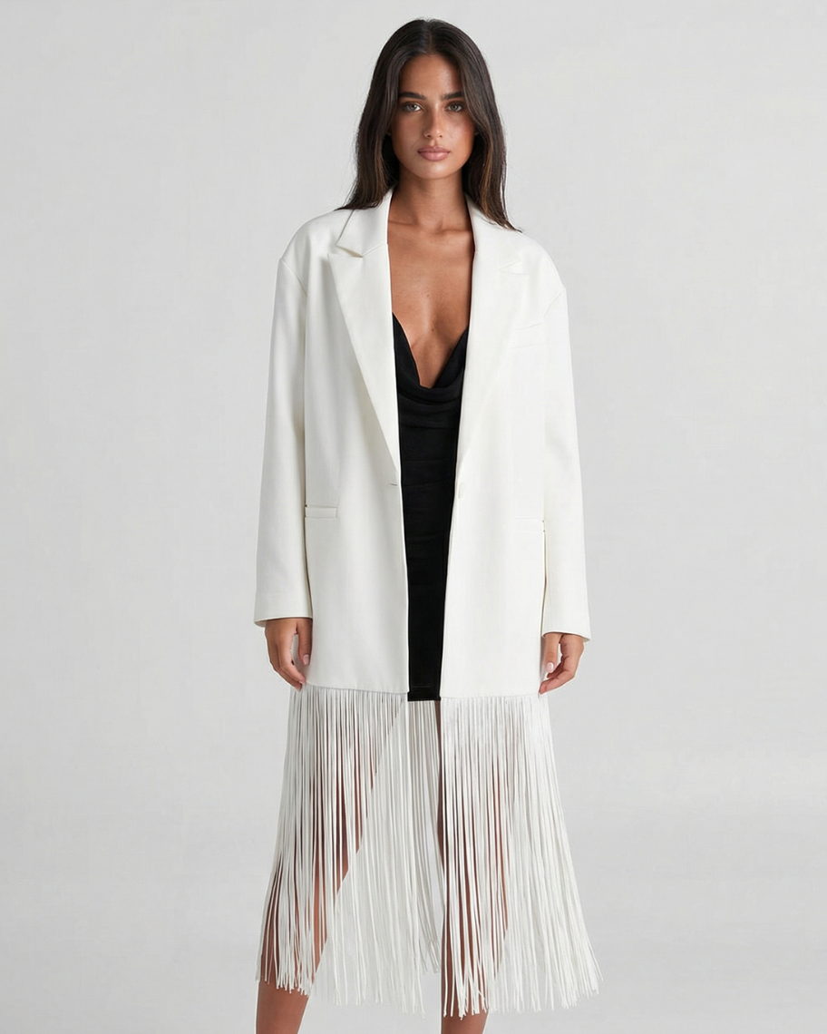 Vera | Oversized White Blazer Longline Fringe