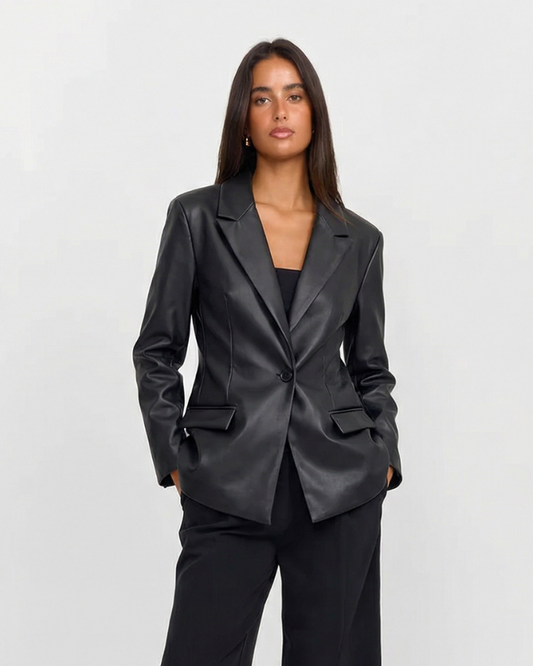 Vera | Faux Leather Blazer Black Single Breasted