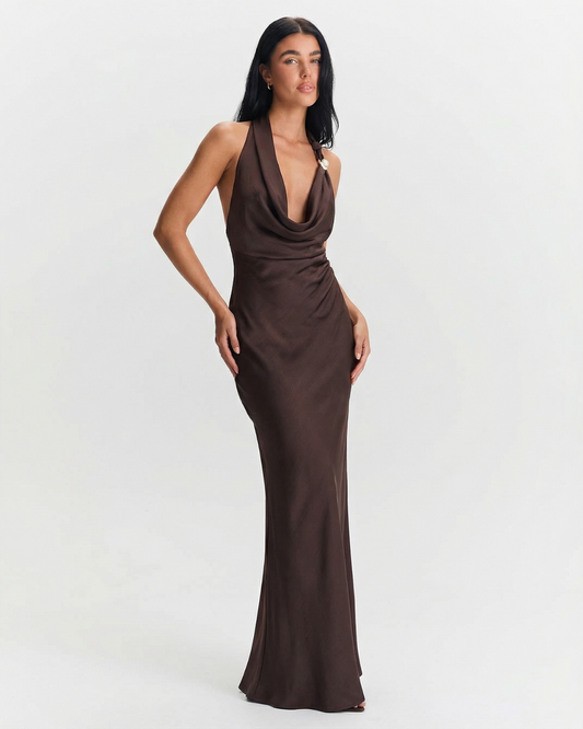 Erin | Elegant Satin Halter Neck Dress Brown