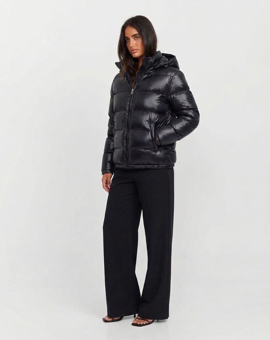 Noa | Puffer Jacket Black Hooded Quilted Cropped Zip Up