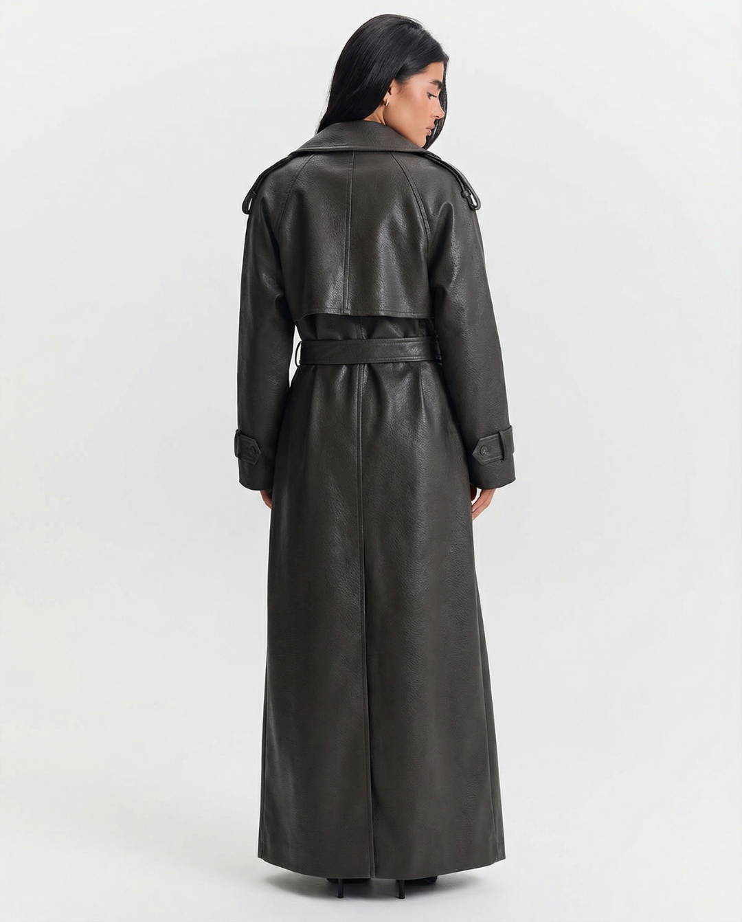 Neve | Elegant Belted Faux Leather Coat Black Long