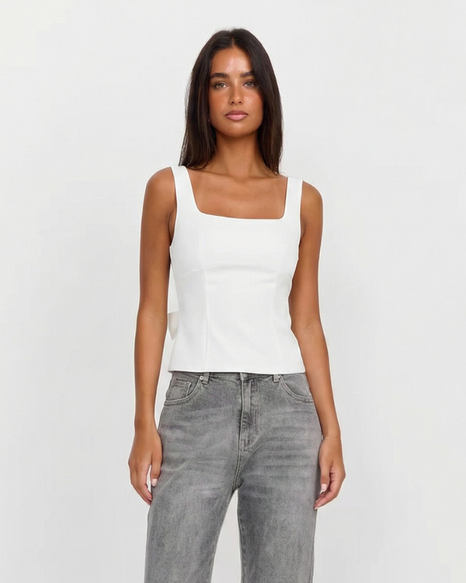 Rue | Square Neck Top White Sleeveless Fitted Vest Tank