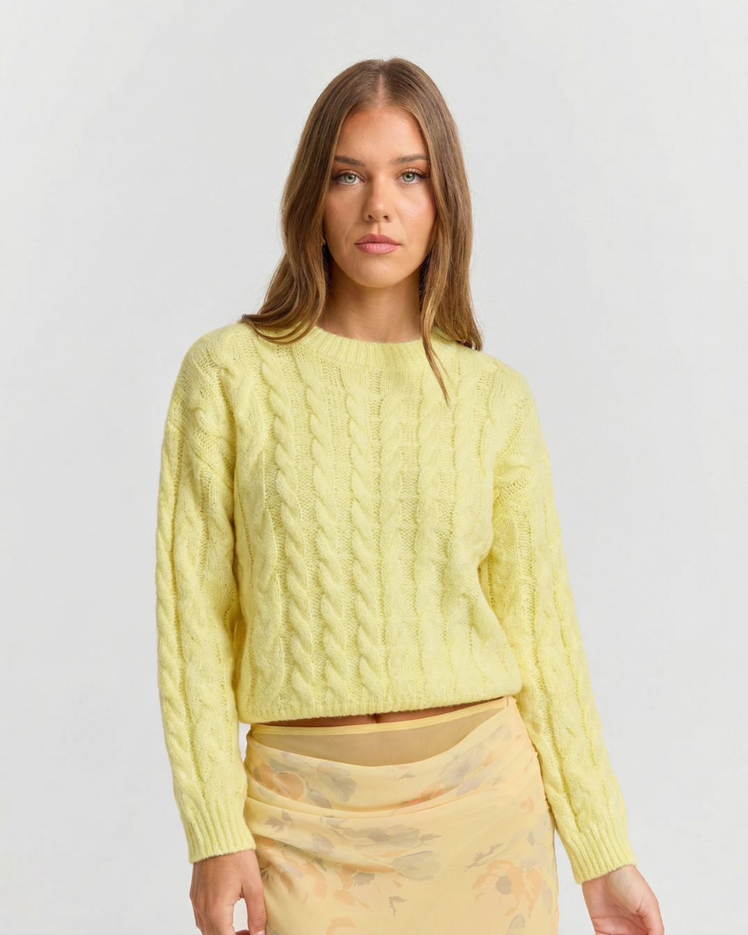 Liv | Cable Knit Sweater Yellow Crew Neck